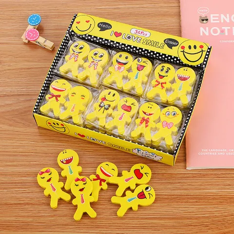 Yellow Humanoid Smile Face Eraser Creative Cartoon TPR Stationery Awards For Kids School Student Prizes