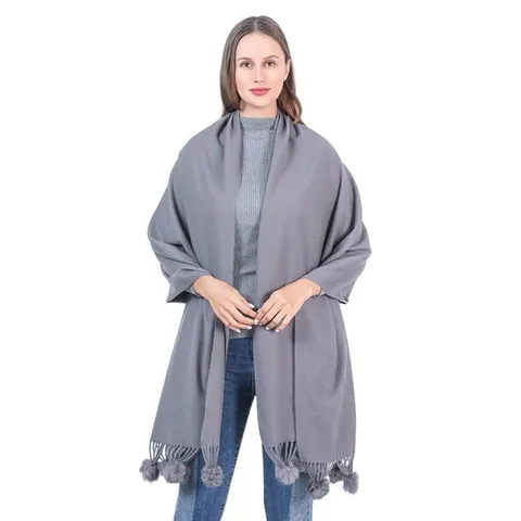 Damen Einfarbiger Strickschal Stola Mit Kaninchenfell-Pompons Und Fransen Winter Warm Weich Polyester Mode Wickelschal Für Damen
