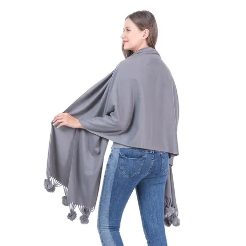 Damen Einfarbiger Strickschal Stola Mit Kaninchenfell-Pompons Und Fransen Winter Warm Weich Polyester Mode Wickelschal Für Damen
