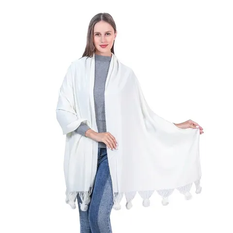 Women's Solid Knitted Shawl Scarf With Rabbit Fur Pom-poms And Fringes Winter Warm Soft Polyester Fashion Wrap Scarf For Ladies