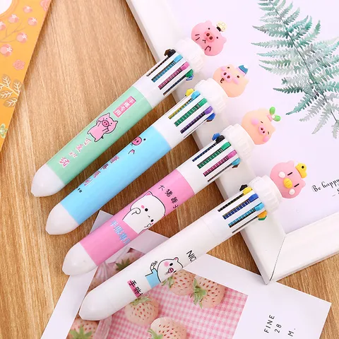Mignon Dessin Animé Cochon Stylo à Bille Multicolore Dix En Un Stylo de Dessin Coloré Papeterie Étudiante Plastique Stylo Écriture
