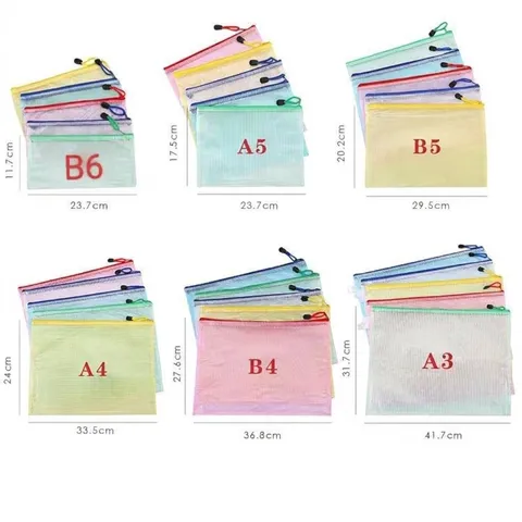 Mesh Zipper File Bag Waterproof PVC Transparent Document Folder Grid Stationery Storage Pouch For Student Office Bill Organizer