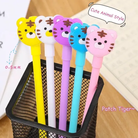 Stylos Gel Tigre Mignon Créatif 0,5mm Encre Noire Animal Dessin Animé Fournitures Scolaires Bureau pour Enfants Étudiants Rose Bleu Violet Blanc Jaune 5 Couleurs