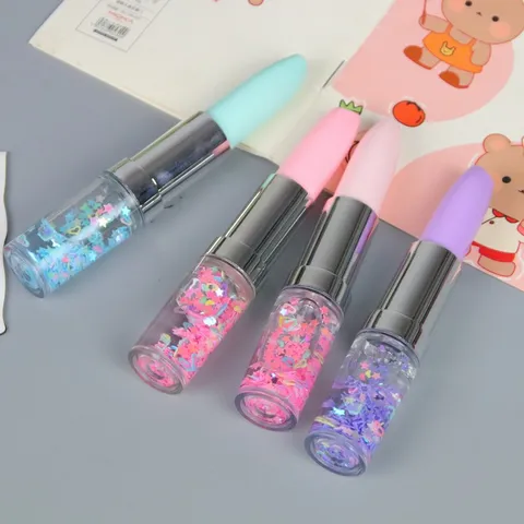 Lipstick Shape Gel Pen With Liquid Quicksand Glitter Creative Cute Stationery For Students Office Writing 0.5mm Stainless Steel Nib
