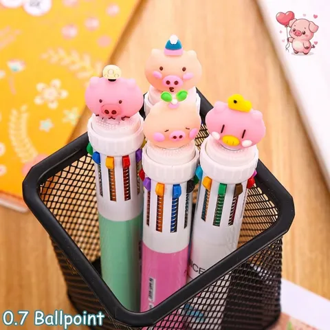Mignon Dessin Animé Cochon Stylo à Bille Multicolore Dix En Un Stylo de Dessin Coloré Papeterie Étudiante Plastique Stylo Écriture