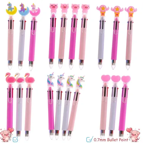 Cartoon Multi-Color Retractable Ballpoint Pen 0.7mm Bullet Tip Silicone Unicorn Pig Design Creative Stationery For Students School Office Writing Gift