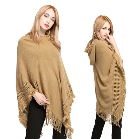 Damen Kapuzen Quasten Poncho Schal Übergröße Imitat Kaschmir Strickwaren Pullover Ajouré Cape Für Herbst Winter Oberbekleidung