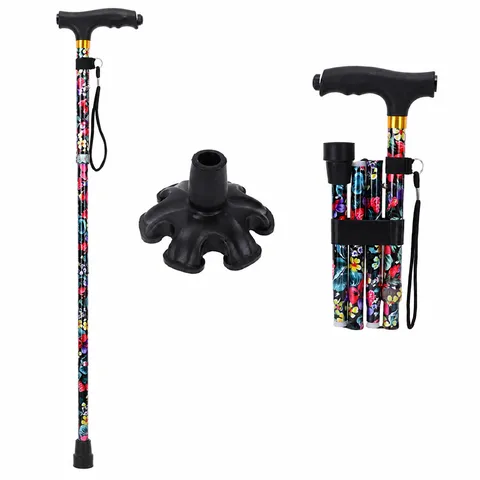 Foldable Elderly Walking Cane Lightweight Aluminum Alloy Adjustable Trekking Pole With LED Light Base Hiking Aid