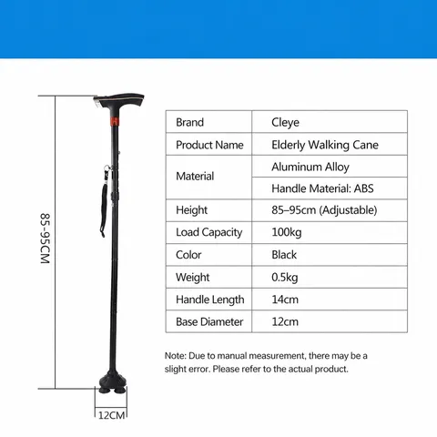 Bastone da Passeggio Pieghevole per Anziani in Lega di Alluminio Leggero Regolabile Con Luce LED e Base Antiscivolo a Quattro Piedi