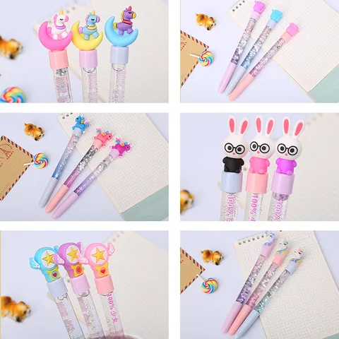 Cartoon Quicksand Gel Pen Unicorn Bunny Creative Liquid Glitter Liquid Pen Soft Rubber Head Student Stationery Black Ink