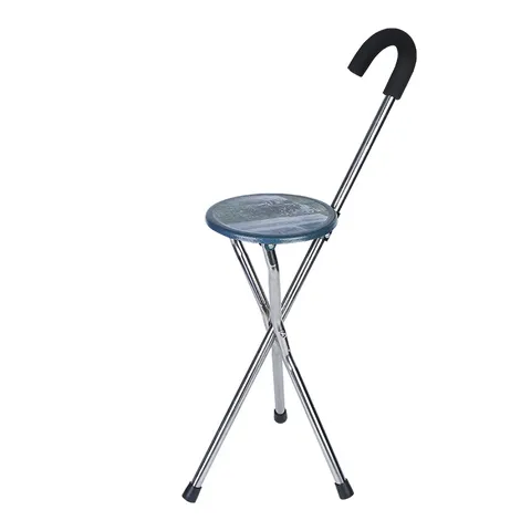 Stainless Steel Foldable Three-Legged Crutch Stool Elderly Walking Aid Portable Rest Chair With Scenic Pattern
