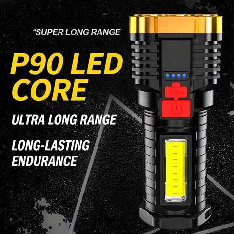 Lampe de Poche LED Haute Lumens Rechargeable Portable Étanche Avec Éclairage Latéral COB Pour Camping en Plein Air