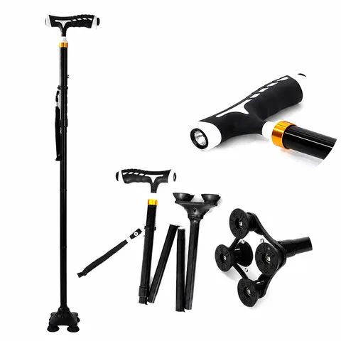 Bastone da Passeggio Pieghevole in Lega di Alluminio per Anziani Bastone Telescopico con Luce LED e Base Antiscivolo a Quattro Piedi