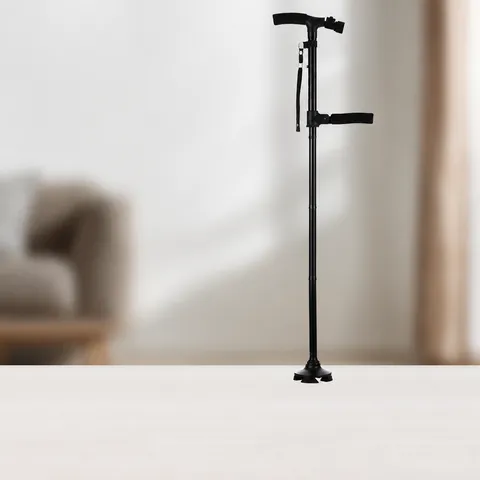 Aluminum Alloy Folding Walking Stick With LED Light Quad Base Double Handle Adjustable Height Non Slip Cane For Elderly