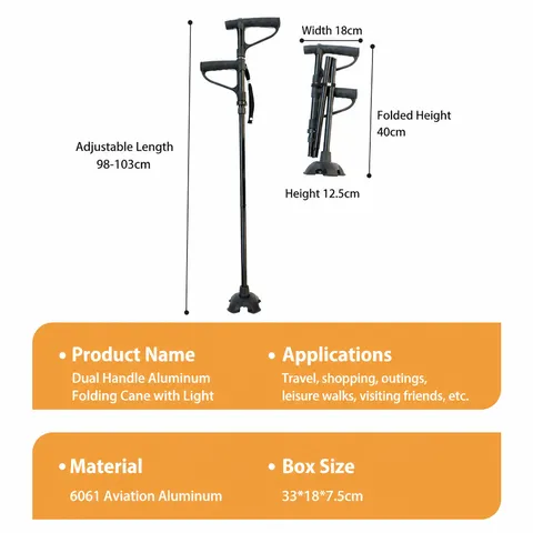 Multifunctional Folding Elderly Walking Cane Aluminum Alloy Double Handle Assist Stick With LED Light Four Foot Base