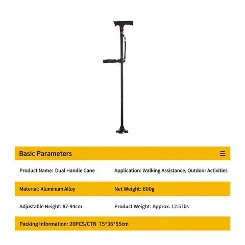 Aluminum Alloy Telescopic Walking Cane Foldable Elderly Crutch With LED Light Alarm Double Handle Four Foot Base