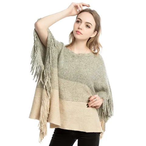Women Oversized Knitted Poncho Shawl With Tassels Gradient Color Warm Polyester Batwing Pullover Wrap For Autumn Winter