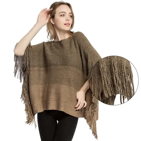 Women Oversized Knitted Poncho Shawl With Tassels Gradient Color Warm Polyester Batwing Pullover Wrap For Autumn Winter