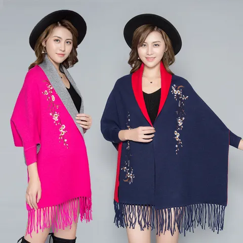 Damen Bestickt Kernspinngarn Strickschal Umhang Mit Ärmeln Quasten Doppelseitig Elegant Warm Winter Herbst Mantel Für Frauen