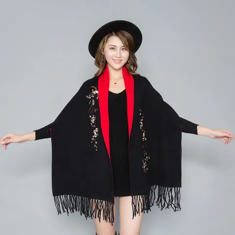 Damen Bestickt Kernspinngarn Strickschal Umhang Mit Ärmeln Quasten Doppelseitig Elegant Warm Winter Herbst Mantel Für Frauen