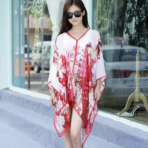 Dames Chiffon Zonbescherming Omslagdoek Literair Retro Gedrukte Sjaal Met Parelknop Strand Zonnescherm Sjaal Voor de Zomer