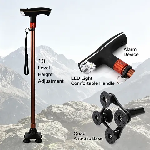Aluminum Alloy Telescopic Walking Cane Lightweight Adjustable Mobility Aid With LED Light Non Slip Base For Elderly