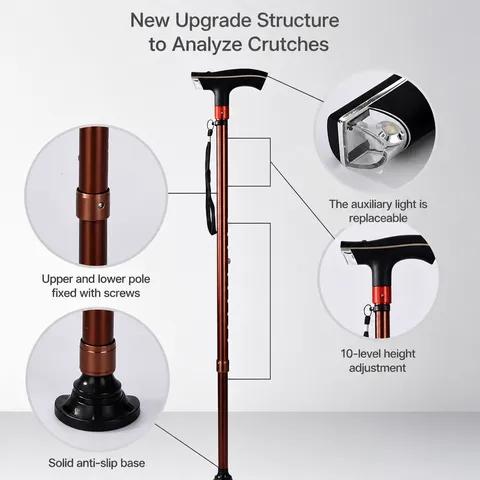 Aluminum Alloy Telescopic Walking Cane Lightweight Adjustable Mobility Aid With LED Light Non Slip Base For Elderly
