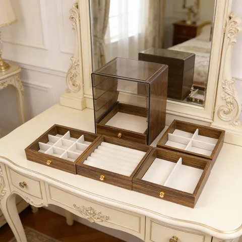 Luxury Walnut Wood Jewelry Box Acrylic Dustproof Clear Lid Multi-Layer Drawer Velvet Lining Jewelry Storage Case For Ring Necklace Earring Organizer Display