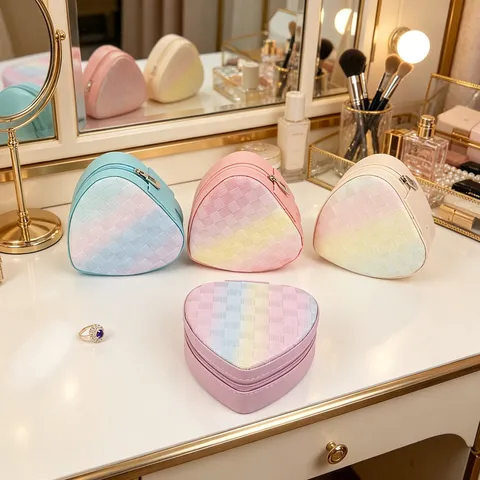 Portagioie a Forma di Cuore in Pelle PU a Scacchi Arcobaleno Portatile da Viaggio Organizzatore di Gioielli per Orecchini Collane