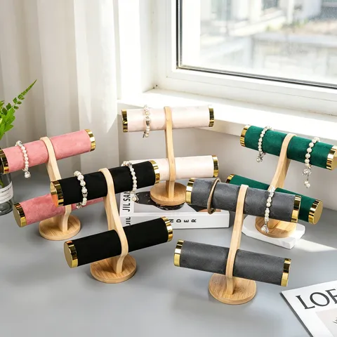 Soporte de Joyería de Madera de Bambú Doble Capa Soporte para Pulsera Reloj Terciopelo Organizador de Joyas para Tocador