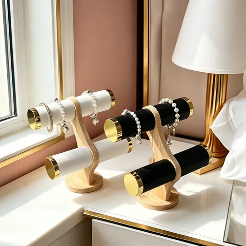 Soporte de Joyería de Madera de Bambú Doble Capa Soporte para Pulsera Reloj Terciopelo Organizador de Joyas para Tocador