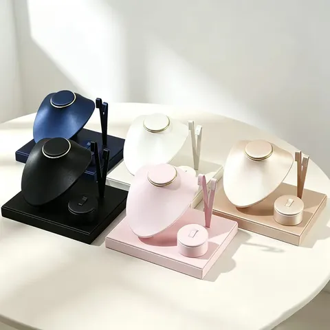 Soporte Exhibidor Joyas Cuero PU Cepillado Busto Collar Pendientes Bandeja Anillo Base Organizador Escaparate
