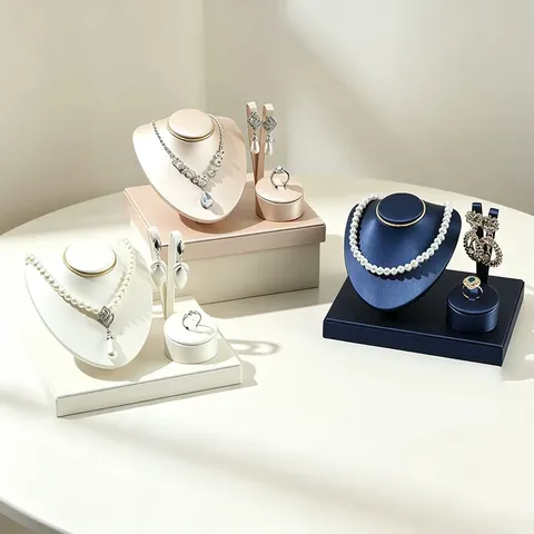 Soporte Exhibidor Joyas Cuero PU Cepillado Busto Collar Pendientes Bandeja Anillo Base Organizador Escaparate