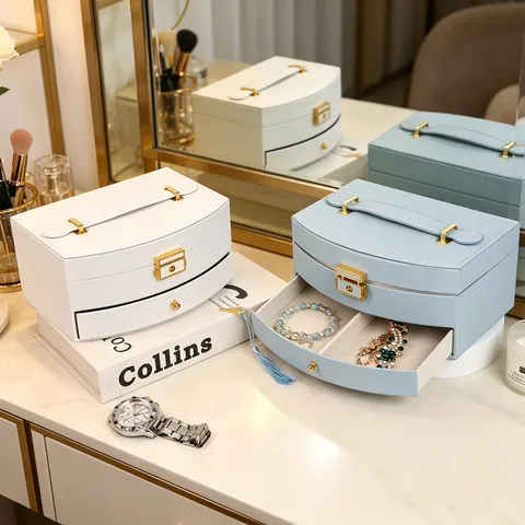 Portable Double Layer Jewelry Organizer Box With Mirror Drawer PU Leather Jewelry Case For Earrings Rings Necklaces Bracelets Gift For Women