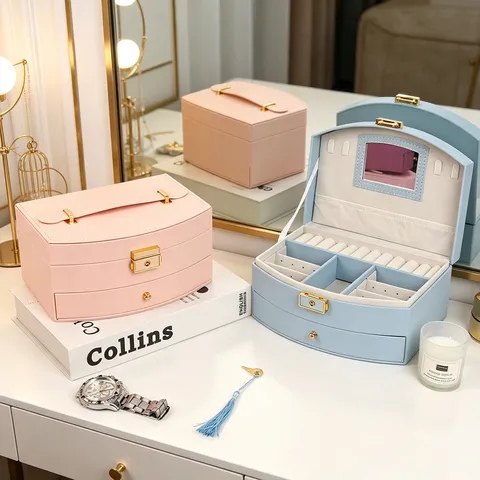 Portable Double Layer Jewelry Organizer Box With Mirror Drawer PU Leather Jewelry Case For Earrings Rings Necklaces Bracelets Gift For Women
