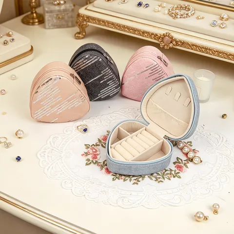 Portagioie a Forma di Cuore con Paillettes e Texture Denim Organizzatore Gioielli da Viaggio Portatile per Orecchini Anelli
