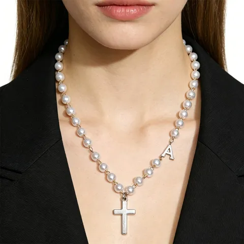 Retro Edelstahl Kreuz Anhänger Perlenkette Mit Alphabet Buchstabe Charme Mode Schmuck Geschenk