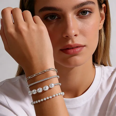 Stainless Steel Layered Paperclip Chain Bracelet Set Artificial Pearl Crystal Beaded Bracelets Fashion Jewelry