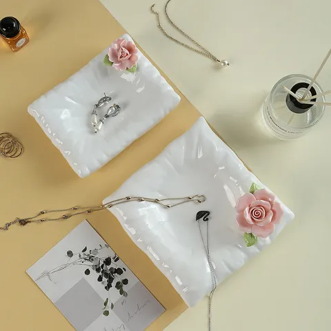 Handmade Ceramic Jewelry Tray Square Long Storage Dish With Blue Pink Floral Nordic Style Ring Earring Display Tray Bathroom Soap Dish