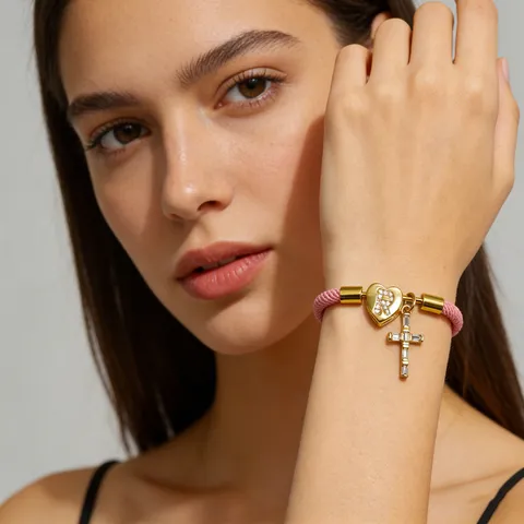 Bracciale Intrecciato in Rame Zirconia con Pendente Cuore Croce Unisex Regalo di Gioielli alla Moda