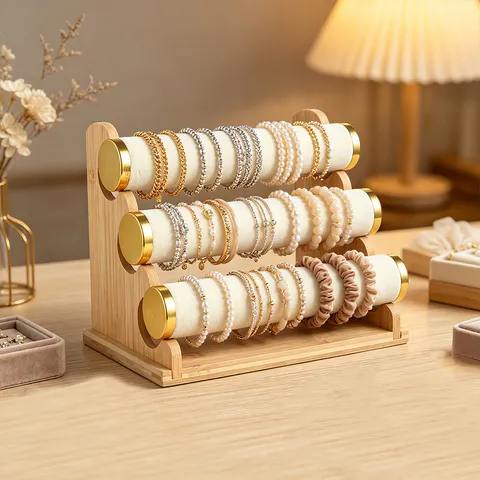 Soporte de Exhibición de Joyas de Madera Escalonado Rollos de Terciopelo Anillo de Metal Soporte para Pulseras Reloj Organizador