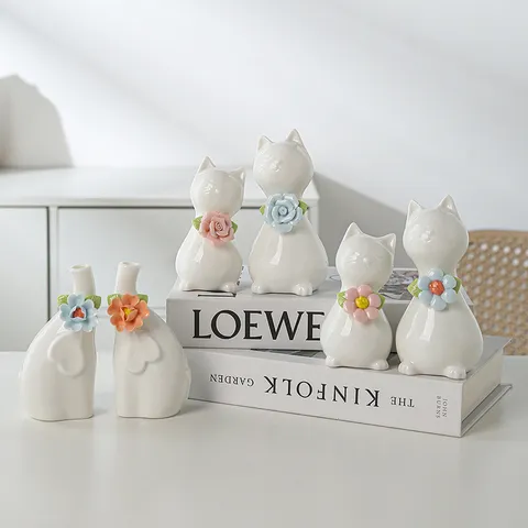Figurina Animale in Ceramica Fatta a Mano Simpatico Gatto Elefante Ornamenti da Tavolo con Fiori Colorati Decorazioni per la Casa