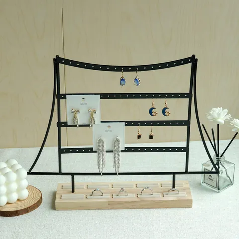 Soporte de Exhibición de Joyas de Hierro de 4 Capas Forma Sombrero Con Base de Madera Maciza Ranura para Anillo Organizador de Joyas