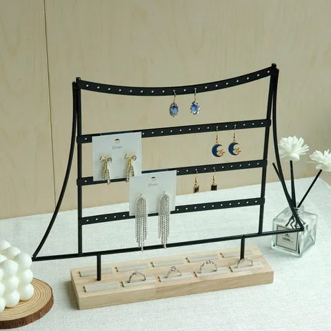 Soporte de Exhibición de Joyas de Hierro de 4 Capas Forma Sombrero Con Base de Madera Maciza Ranura para Anillo Organizador de Joyas