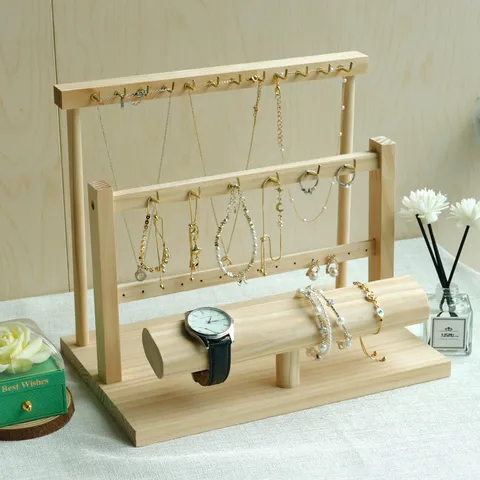 Premium Solid Wood Jewelry Display Rack Tiered Metal Hooks Necklace Organizer Stand Wooden Watch Bracelet Storage Holder Base