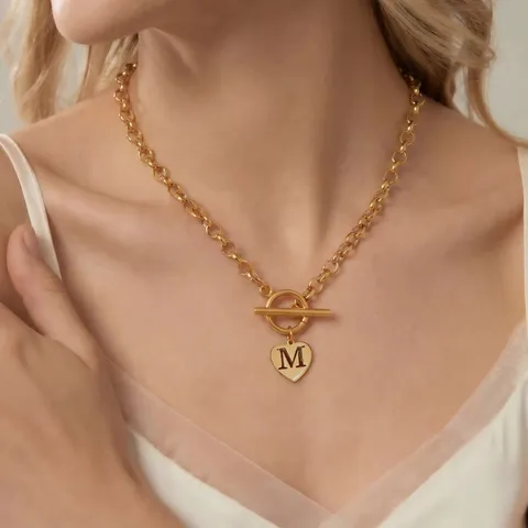Fashion Stainless Steel Heart Initial Letter Pendant Necklace For Women Gold Silver Electroplated Toggle Clasp Chunky Chain Necklace Trendy Jewelry Gift