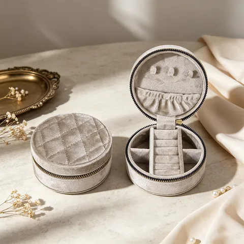 Round Velvet Quilted Jewelry Box For Women Travel Portable Jewelry Case For Necklaces Earrings Rings Jewelry Storage Organizer Case