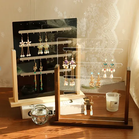 Solid Wood Acrylic Earring Display Stand 4 Row Jewelry Organizer Holder Vertical Stud Earring Storage Board For Home Desktop Shop Display