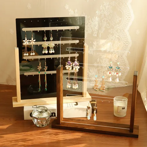 Solid Wood Acrylic Earring Display Stand 4 Row Jewelry Organizer Holder Vertical Stud Earring Storage Board For Home Desktop Shop Display