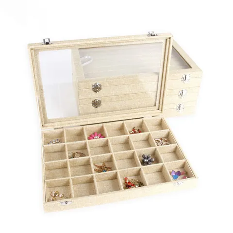 Linen Jewelry Storage Box With Transparent Glass Lid And Metal Buckle Multi-grid Display Case For Rings Necklaces Earrings Jewelry Organizer